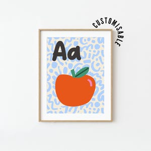 Póster del alfabeto con la letra A, A es de manzana, impresión inicial A para decoración de guardería, arte de pared para dormitorio infantil, póster del alfabeto imprimible con letras ABC