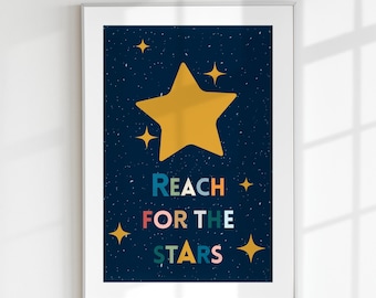 May include: A navy blue poster with a yellow star and the text "REACH FOR THE STARS" in colorful letters. The background is a dark blue with white speckles.