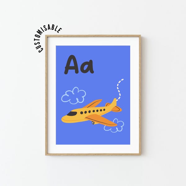 Stampa per bambini con aeroplano e lettera A, decorazione murale ABC (download digitale)