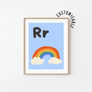 Cartaz da letra R para aprender o alfabeto, impressão da letra R, inicial R é para arco-íris, arte de parede, impressão do alfabeto, decoração retrô para crianças, arte de parede para berçário para impressão