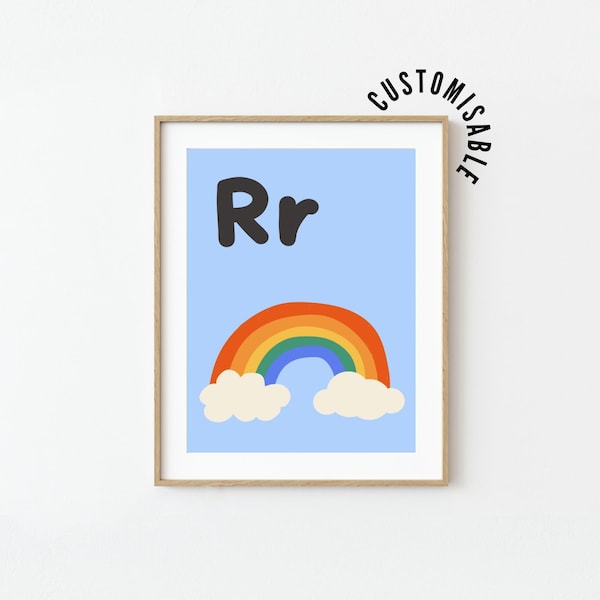 Stampa arcobaleno con lettera R, poster con alfabeto iniziale (download digitale)