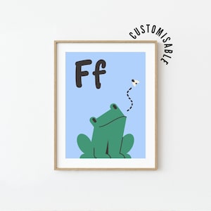 Cartaz do alfabeto com a letra F, F é para sapo, impressão, aprenda o alfabeto, arte de parede para sala de aula, decoração de berçário, arte de letras para crianças, pôster da natureza, inicial F