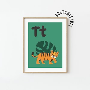 Póster de la letra T • Arte mural para guardería • Póster educativo • Póster del alfabeto • Decoración para dormitorio infantil • Arte mural imprimible • Impresión del alfabeto