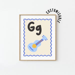 Pôster do alfabeto com a letra G • G é para violão • Aprenda o alfabeto • Decoração de berçário • Arte de parede para quarto infantil • Arte de letras • Imprimível educacional