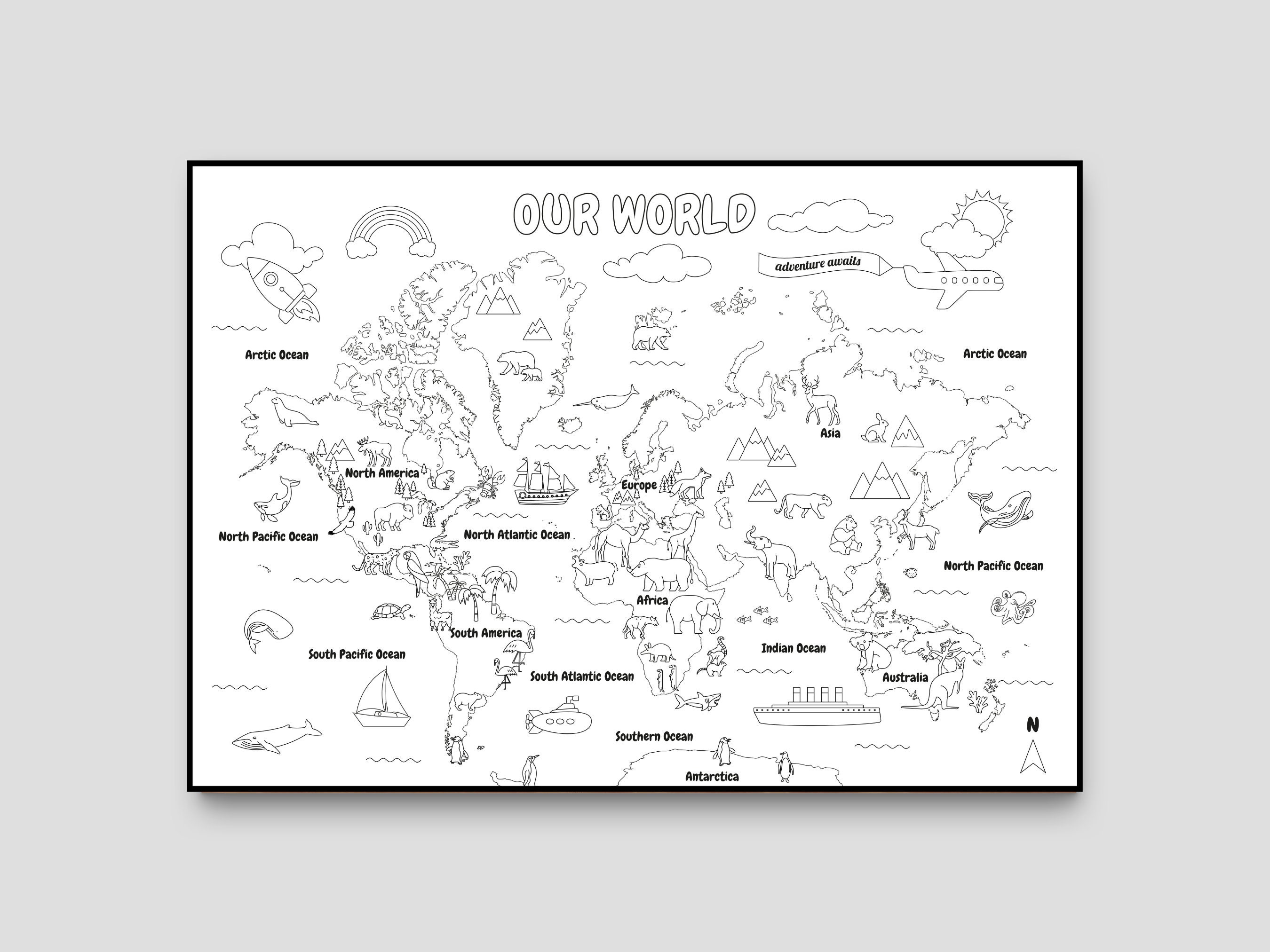 Animal World Map Coloring Page • Kids Nursery Art (digital Download) - Etsy