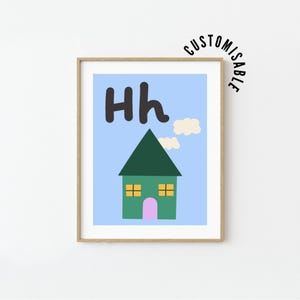 Cartaz do alfabeto com a letra H H é para casa, aprenda a imprimir o alfabeto, decoração de parede para berçário, arte de parede para quarto infantil, arte de letras para sala de aula, arte do alfabeto para impressão