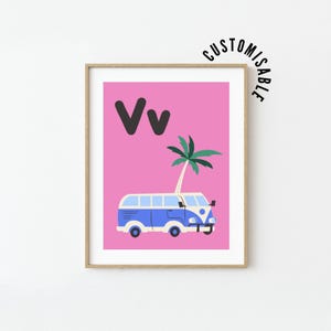 Pôster da letra V • V é para Van • Pôster da vida em uma van • Pôster do alfabeto • Decoração de quarto infantil Boho • Arte de parede para berçário para impressão • Impressão do alfabeto
