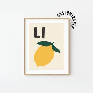 Póster del alfabeto con la letra L • L es para limón • Impresión para aprender el abecedario • Decoración infantil • Arte de pared para dormitorio infantil • Arte con letras • Imprimible educativo