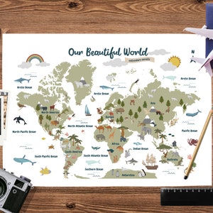 Dierenwereldkaart - kan worden gepersonaliseerd • Kinderkamer kunst aan de muur • Educatieve poster • Kinderwereldkaart • Kinderkamerdecoratie • Afdrukbare kunst