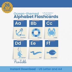 Ocean ABC Flashcards for Toddlers Flash Cards Printable for Classroom Learn the ABCs Ocean Themed Kids Alphabet Printable Montessori Cards