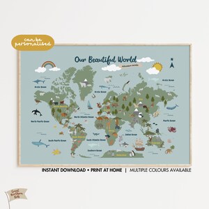 Weltkarte der Tiere, personalisierte Karte für Kinderzimmer Wandkunst, Weltkarte für Kinder, Kinderzimmer Dekor Sofortiger Download druckbare Kunst, Abenteuer Kinderzimmer