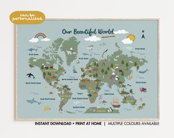 Animal World Map Personalised Map for Nursery Wall Art Kids World Map Kids's Bedroom Decor Instant Download Printable Art Adventury Nursery