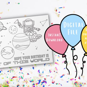 Cartão de aniversário da coloração do espaço | Cartão Único | Cartão de aniversário colorido | Cartão imprimível | Imprimir e Colorir Cartão | Presente exclusivo para crianças