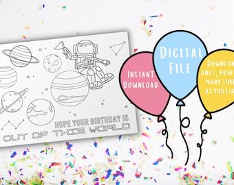 Space Coloring Birthday Card | Unique Card | Colorable Birthday Card | Printable Card | Print and Color Card | Unique Gift for Kids