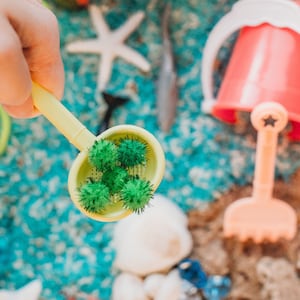 Glitter poms to represent sea urchins. Each item included in the kit was well thought out and added to create the most thoughtful set up for your child.