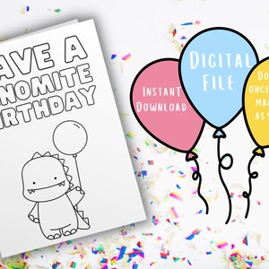 Cartão de aniversário da coloração do dinossauro | Cartão Único | Cartão de aniversário colorido | Cartão imprimível de Dino | Imprimir e Colorir Cartão | Presente exclusivo para crianças