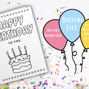 Cartão de aniversário para colorir | Cartão Único | Cartão de aniversário colorido | Cartão de aniversário imprimível | Imprimir e Colorir Cartão | Presente exclusivo para crianças