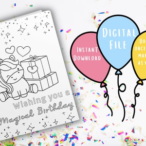 Cartão de aniversário da coloração do unicórnio | Cartão Único | Cartão de aniversário colorido | Cartão imprimível | Imprimir e Colorir Cartão | Presente exclusivo para crianças