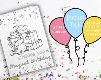 Unicorn Coloring Birthday Card | Unique Card | Colorable Birthday Card | Printable Card | Print and Color Card | Unique Gift for Kids