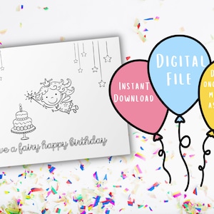 Cartão de aniversário feericamente da coloração | Cartão Único | Cartão de aniversário colorido | Cartão imprimível | Imprimir e Colorir Cartão | Presente exclusivo para crianças