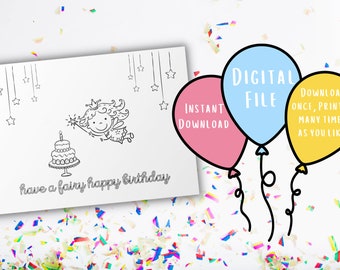 Fairy Coloring Birthday Card | Unique Card | Colorable Birthday Card | Printable Card | Print and Color Card | Unique Gift for Kids