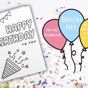 Cartão de aniversário para colorir | Cartão Único | Cartão de aniversário colorido | Cartão de aniversário imprimível | Imprimir e Colorir Cartão | Presente exclusivo para crianças