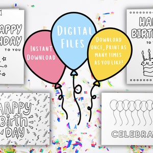 Pacote de cartões de aniversário | Conjunto de cartões para colorir | Cartão de aniversário colorido | Cartão de aniversário imprimível | Imprimir e Colorir Cartão | Presente exclusivo para crianças