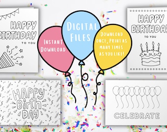 Birthday Card Bundle | Coloring Card Set | Colorable Birthday Card | Printable Birthday Card | Print and Color Card | Unique Gift for Kids