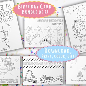 Pacote de 6 cartões de aniversário temáticos | Conjunto de cartões para colorir | Cartão de aniversário colorido | Cartão imprimível | Imprimir e Colorir Cartão | Presente exclusivo para crianças