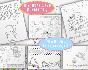 6 Themed Birthday Card Bundle | Coloring Card Set | Colorable Birthday Card | Printable Card | Print and Color Card | Unique Gift for Kids