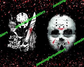 May include: Black and white illustration of a hockey mask with a red stripe across the eyes. The mask is set against a dark background with a forest scene and a cabin in the distance. The text "Join me in the woods" is written in white letters on a black background.