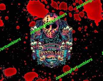 May include: A black background with red blood splatter. A colorful graphic of a hockey mask with a chain and the text "Welcome to Camp Crystal Lake".