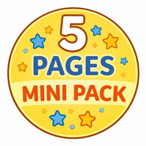 May include: A yellow circular sticker with the number "5" in white, the word "PAGES" in blue, and "MINI PACK" in orange. The sticker is decorated with blue and yellow stars.