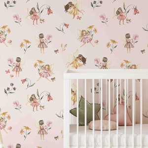 Floral Fairy Peel & Stick Wallpaper, Removable Floral Wallcovering, Pink Floral, PVC-free, Vinyl-free Sustainable Wall Décor for Kids