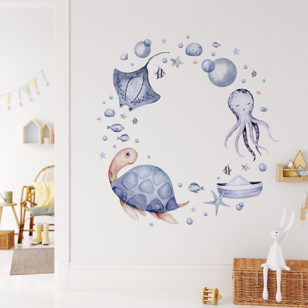 Sea World Wall Decal, Peel & Stick Decal for Nursery and Kid's Bathroom, Removable Turtle