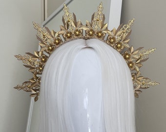 Gold halo crown, wedding tiara, drag queen, festival headpiece, hair fascinator, bridal headpiece, headband, goddess crown, halo crown