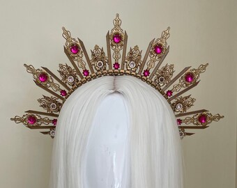 Corona de halo de oro, tiara de boda, drag queen, corona de festival, fascinador de cabello, tocado de novia, diadema, disfraz de Halloween, corona de halo rosa