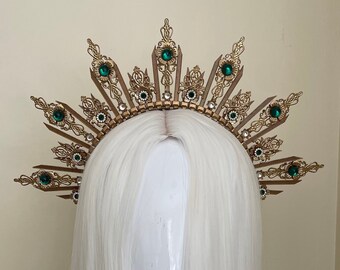 Corona de halo de oro, tiara de boda, drag queen, corona de festival, fascinador del cabello, tocado de novia, diadema, disfraz de Halloween, corona de halo verde