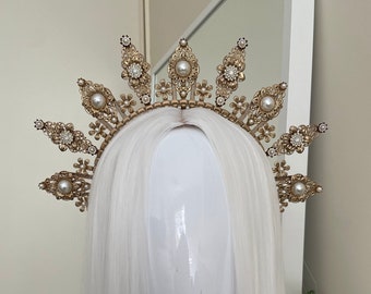 Gold halo crown, wedding tiara, drag queen, festival crown, hair fascinator, bridal headpiece, headband, Halloween costume, pearl halo crown