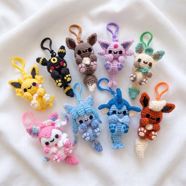 Handmade Poke Amigurumi Keychain, Crochet Eeveelut, Kawaii Poke Bag Charms