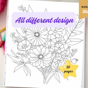 PDF [30pages] Flowers Coloring Pages Adults, Stress Relieve Coloring Book Simple Coloring Pages Printable Pages Adult Coloring Sheet