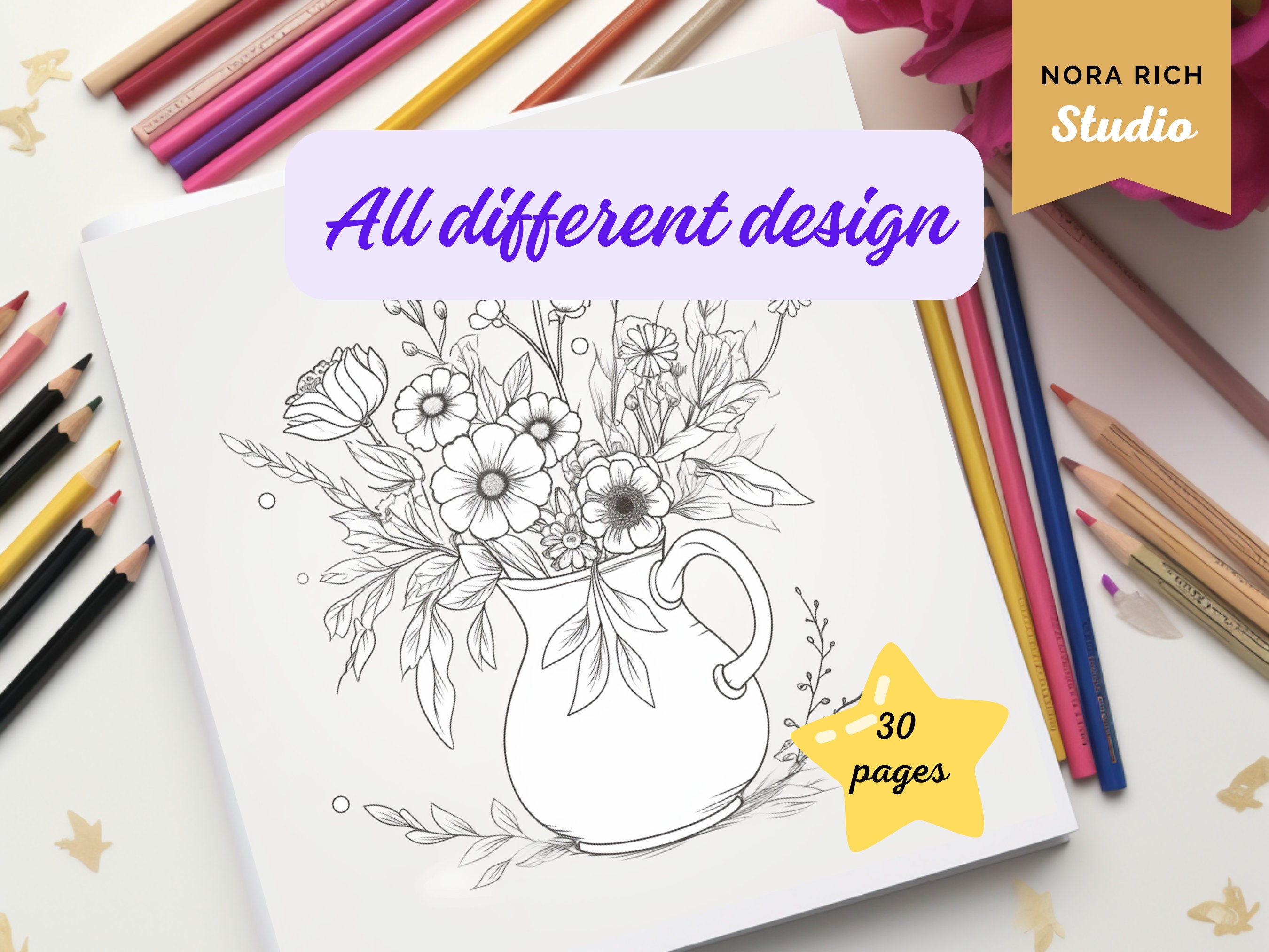 PDF 30pages Flowers Coloring Pages Adults, Stress Relieve Coloring Book ...