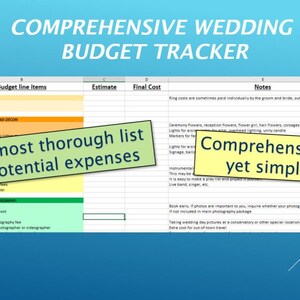 Könnte beinhalten: Eine grüne, gelbe und orangefarbene Tabellenkalkulation mit dem Titel "Comprehensive Wedding Budget Tracker". Die Tabellenkalkulation hat Spalten für "Bezahlt", "Budgetelemente", "Schätzung", "Endkosten" und "Notizen". Die Tabellenkalkulation ist eine umfassende Liste potenzieller Hochzeitseinnahmen.