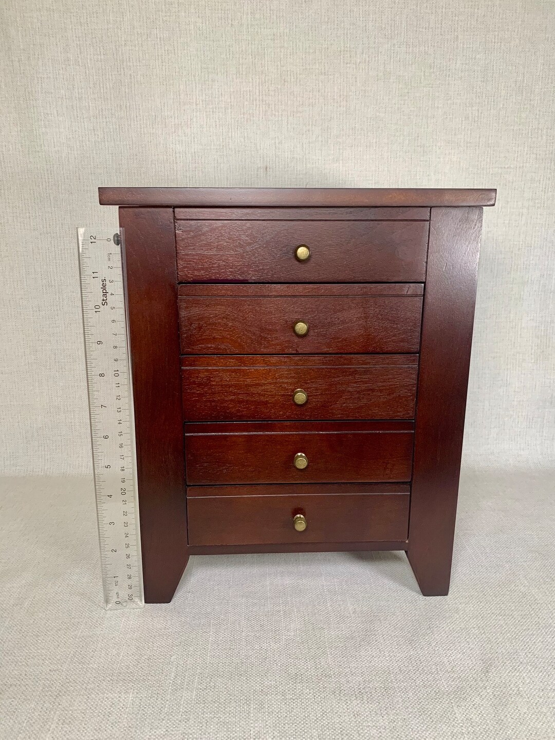 Wooden Mahogany Tabletop Jewelry Armoire Organizer With Brass