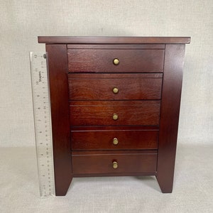 Wooden Mahogany Tabletop Jewelry Armoire Cabinet Organizer With Brass Handles and Large Mirror.