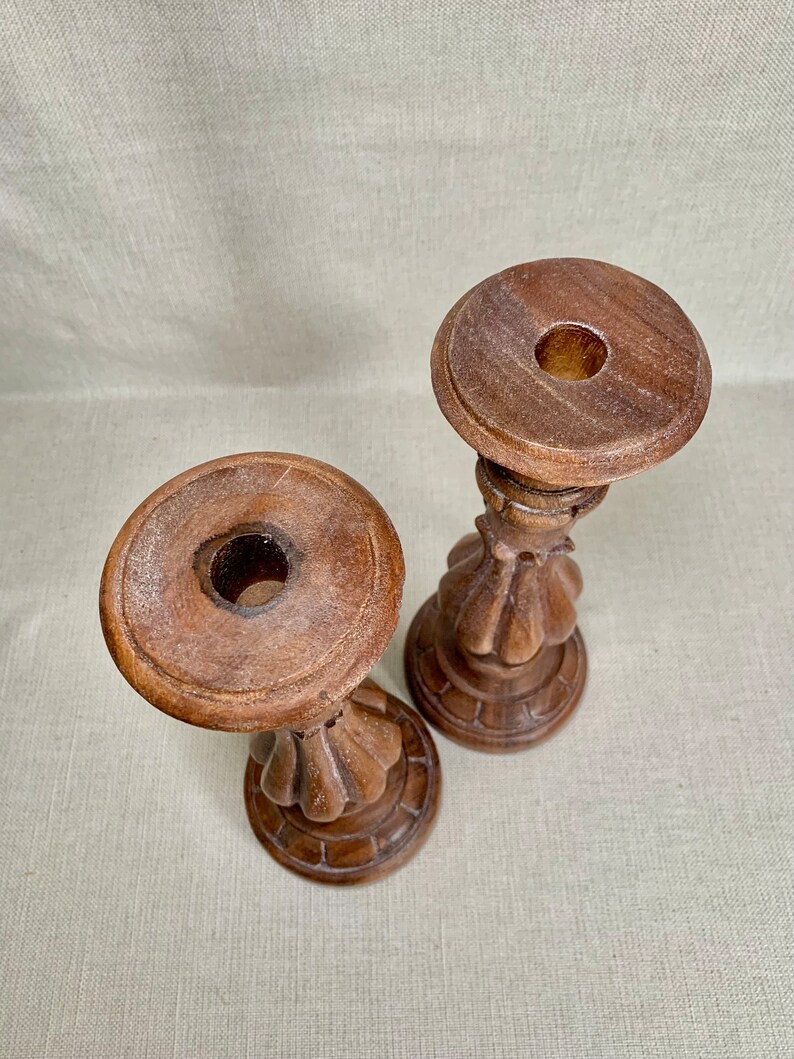 Pair of Handcrafted in Traditional Style Carved Mango Wood Candlestick ...