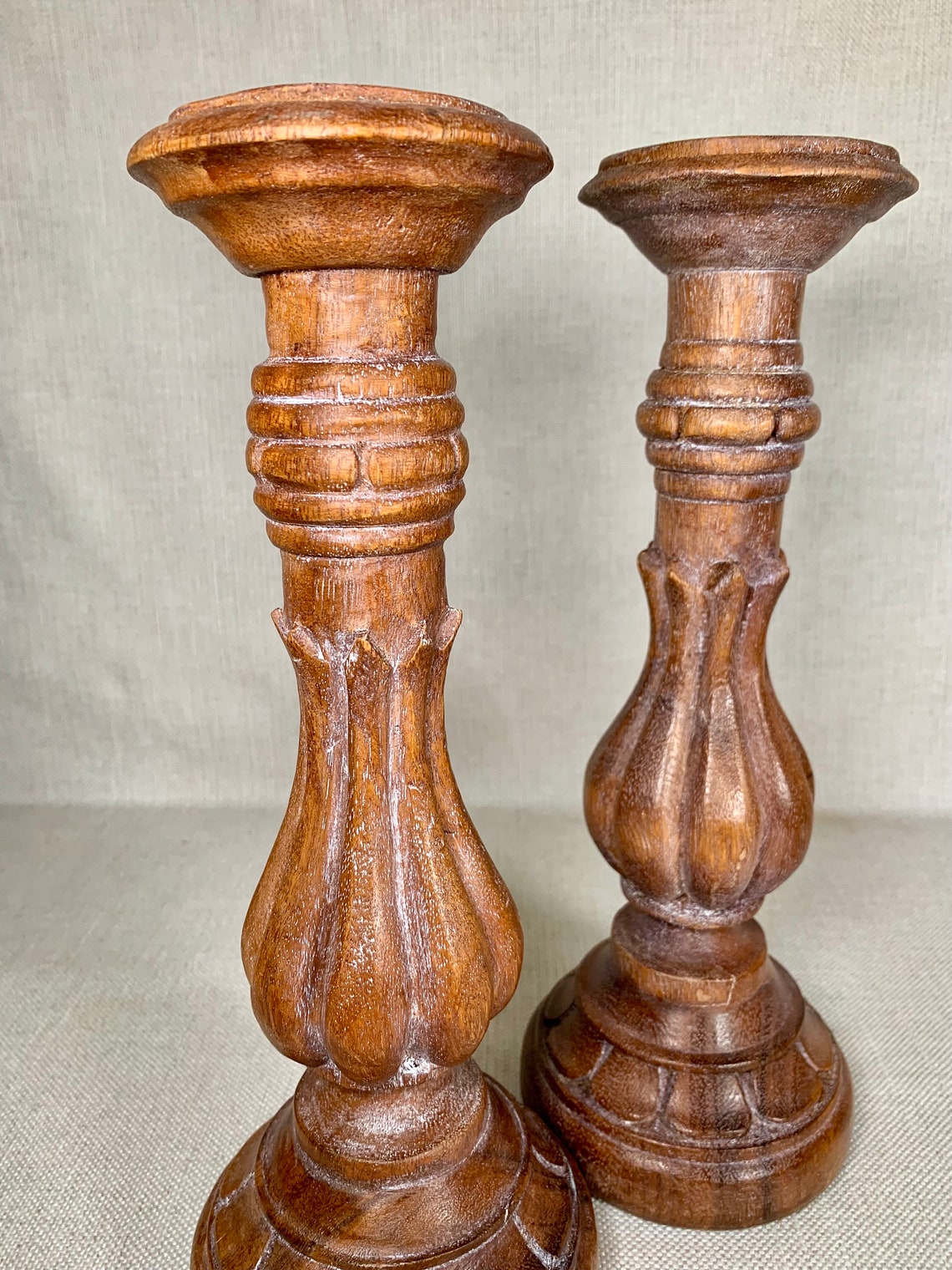 Pair of Handcrafted in Traditional Style Carved Mango Wood Candlestick ...