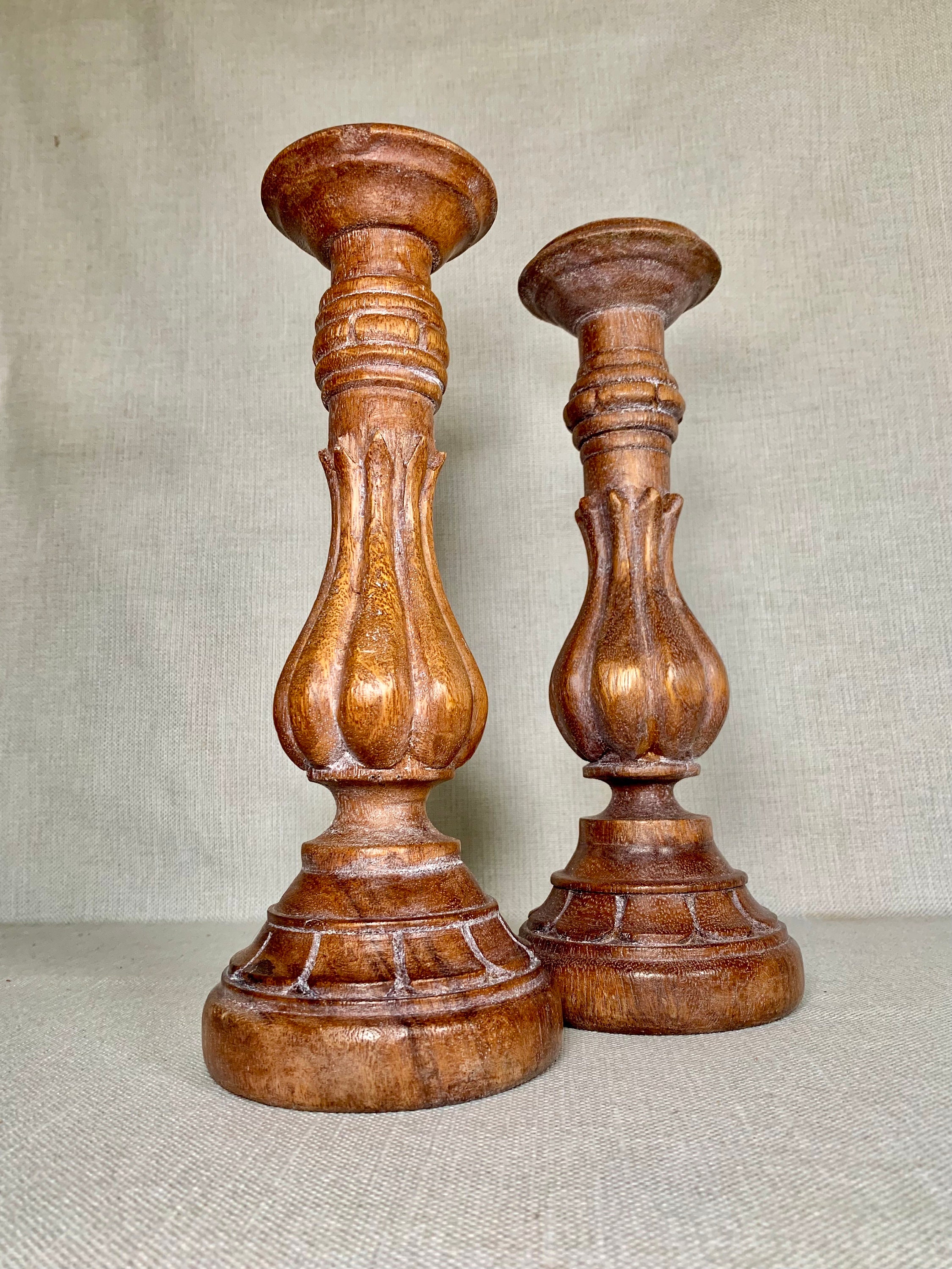 Pair of Handcrafted in Traditional Style Carved Mango Wood Candlestick ...