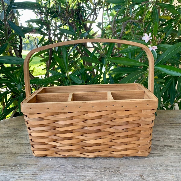 Amish Style Handmade Picnic Utensils Napkins Silverware Organizer Storage Basket Office Desk Caddy Solid Oak With Carrier Handle.