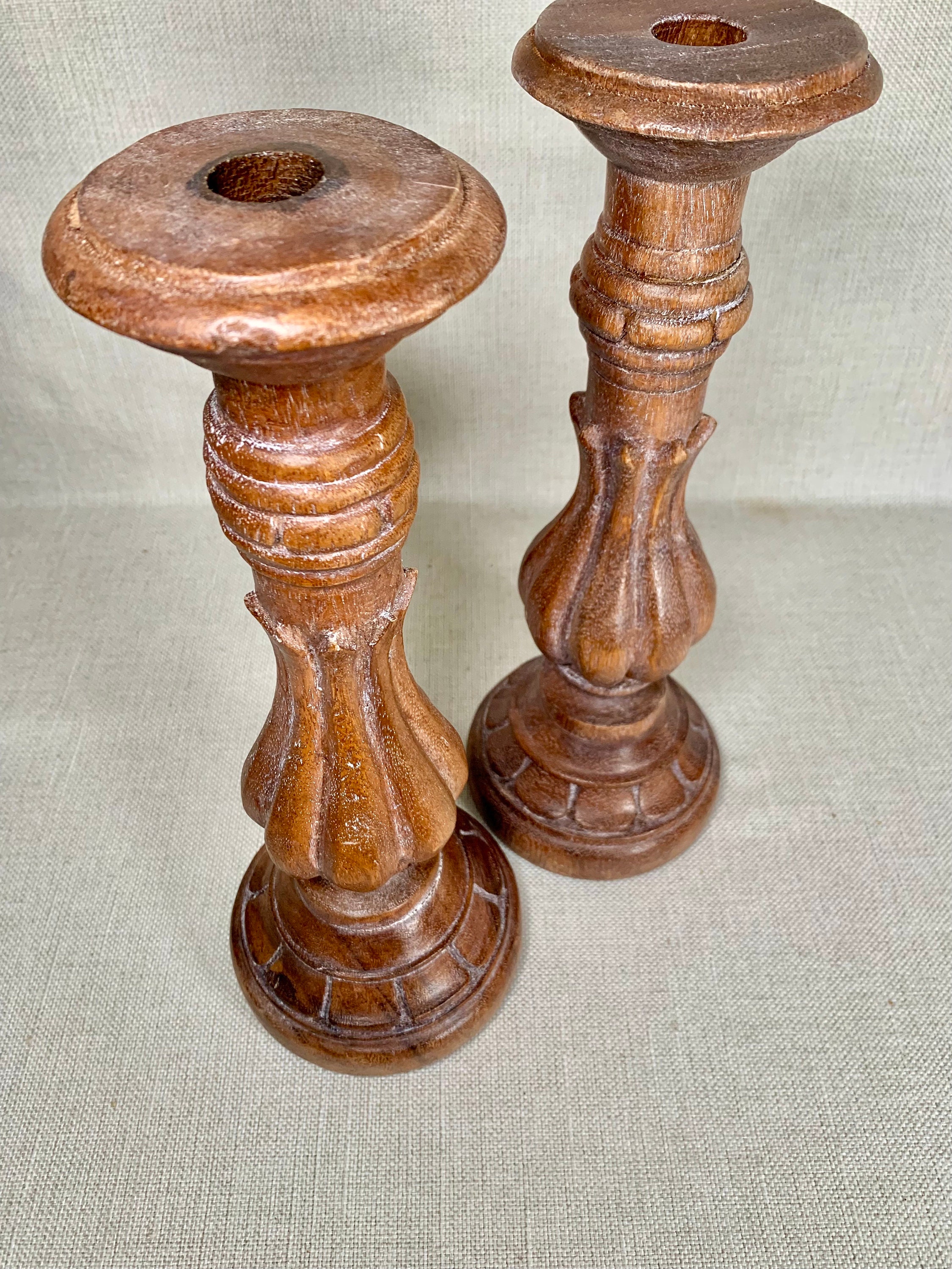 Pair of Handcrafted in Traditional Style Carved Mango Wood Candlestick ...